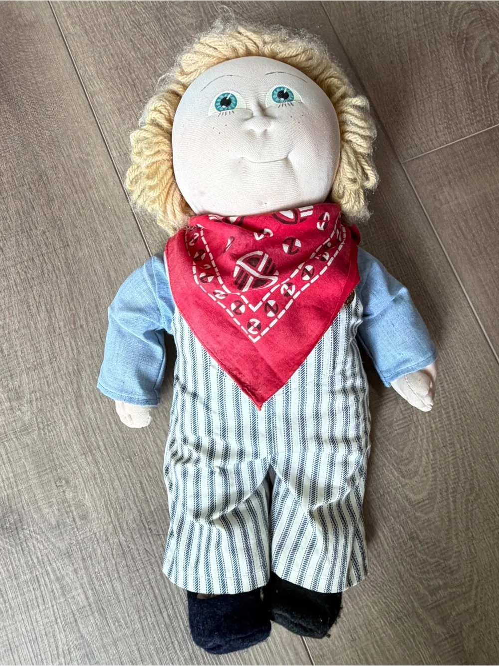 Vintage Cabbage Patch Boy Doll Blonde Curly Hair Blue Eyes Overalls Music Box